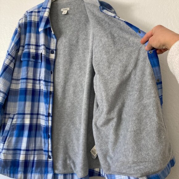 LL Bean Fleece Sherpa Lined Blue Flannel Long Sleeve Snap Front Chore Shirt 1X - Picture 8 of 12